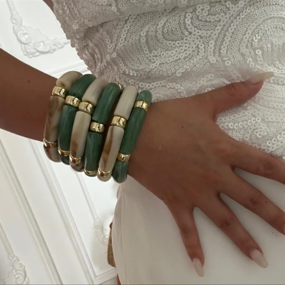 Vintage Green Resin Bamboo Beads Bracelets Set - Picture 6 of 6